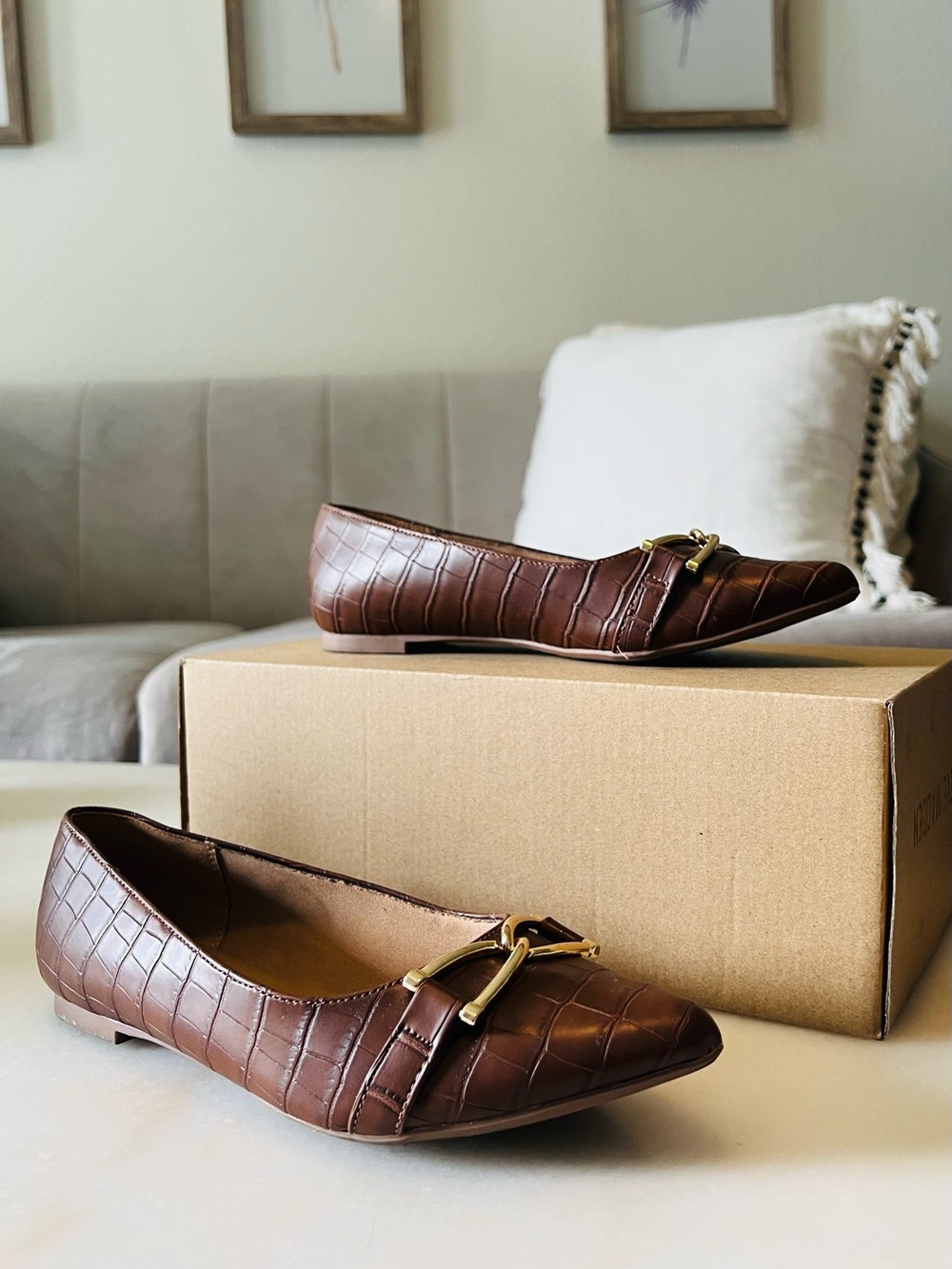 SODA Brown Croc-Embossed Pointed Flats with Gold Buckle - Picture 4 of 4